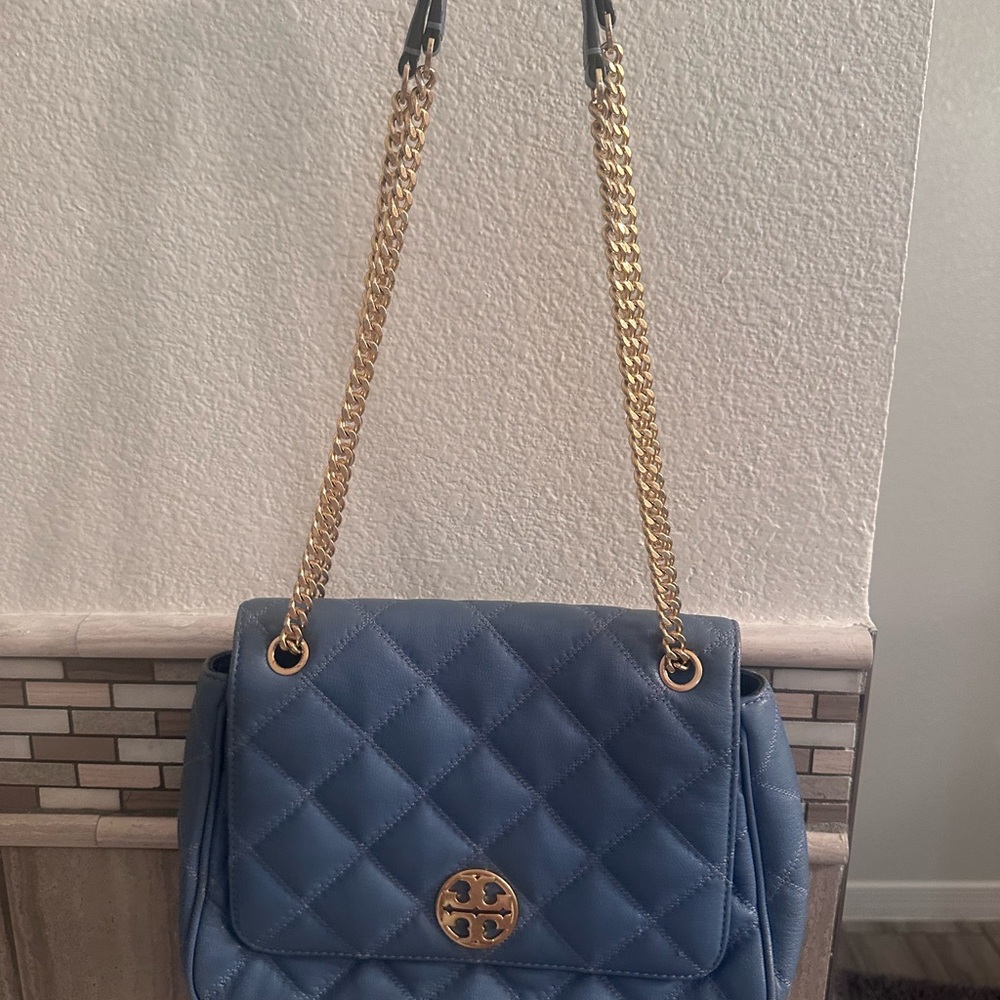 Tory Burch Quilted Blue Shoulder Bag with Gold Chain